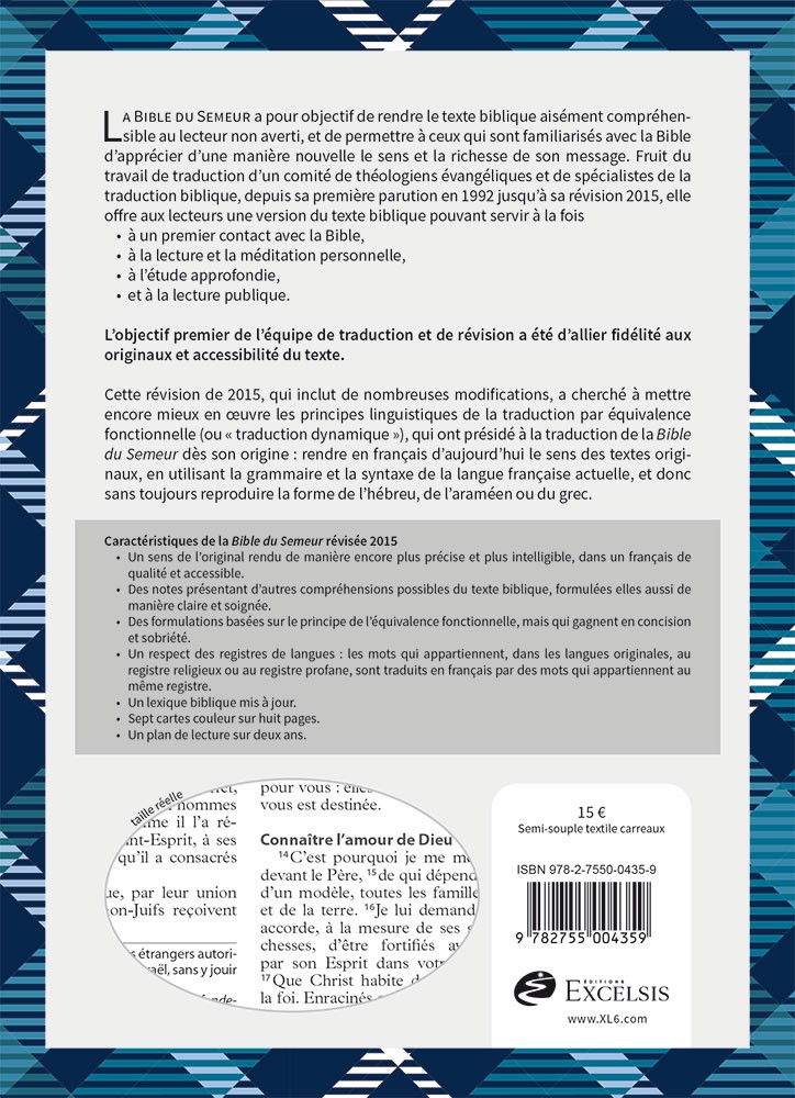 image 2 Bible Semeur 2015 - Couverture textile semi-souple bleue à carreaux, tranche blanche